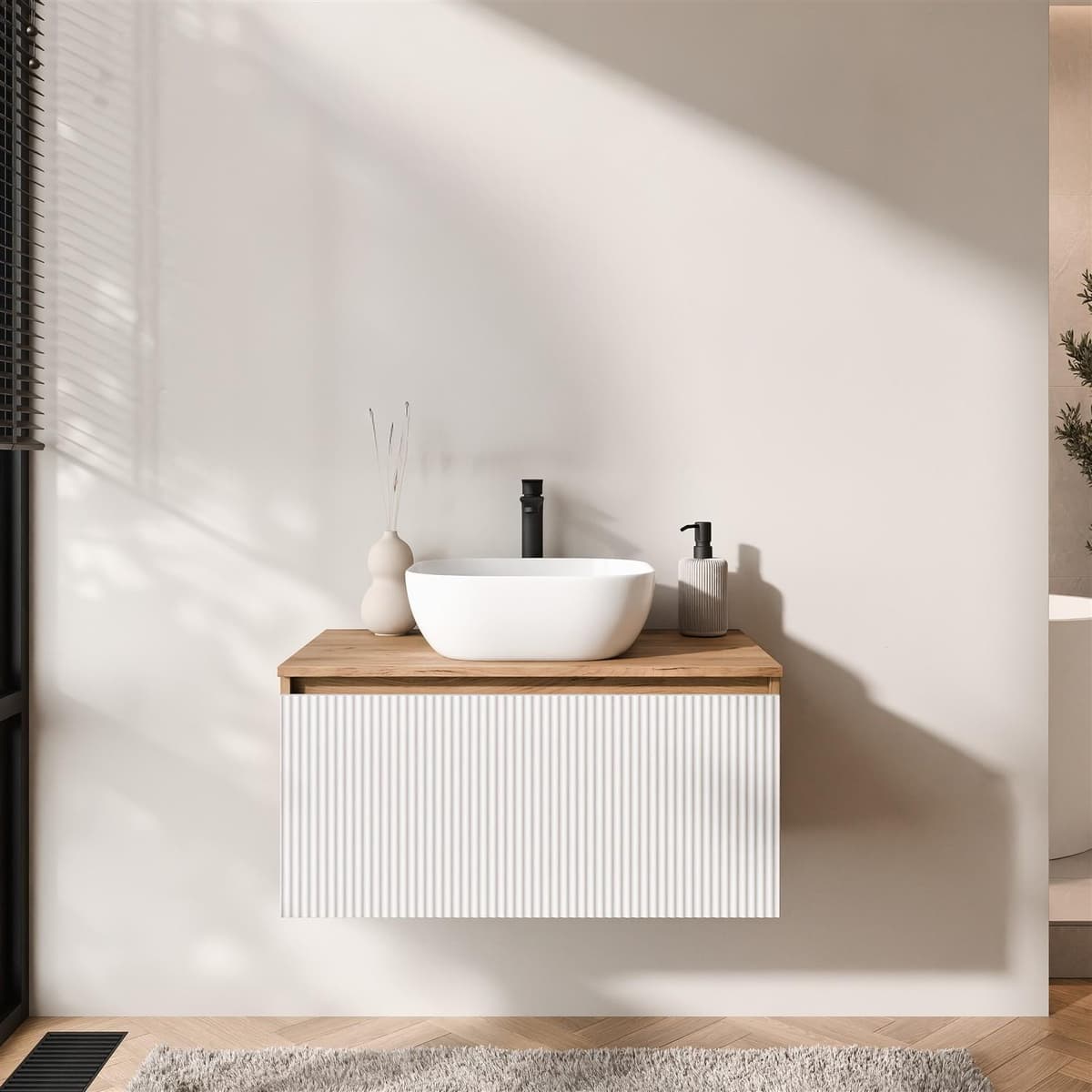 Planetmöbel ARISA Waschtisch 80 cm weiß geriffelt mit Keramik-Aufsatzwaschbecken 42 cm in weiß
