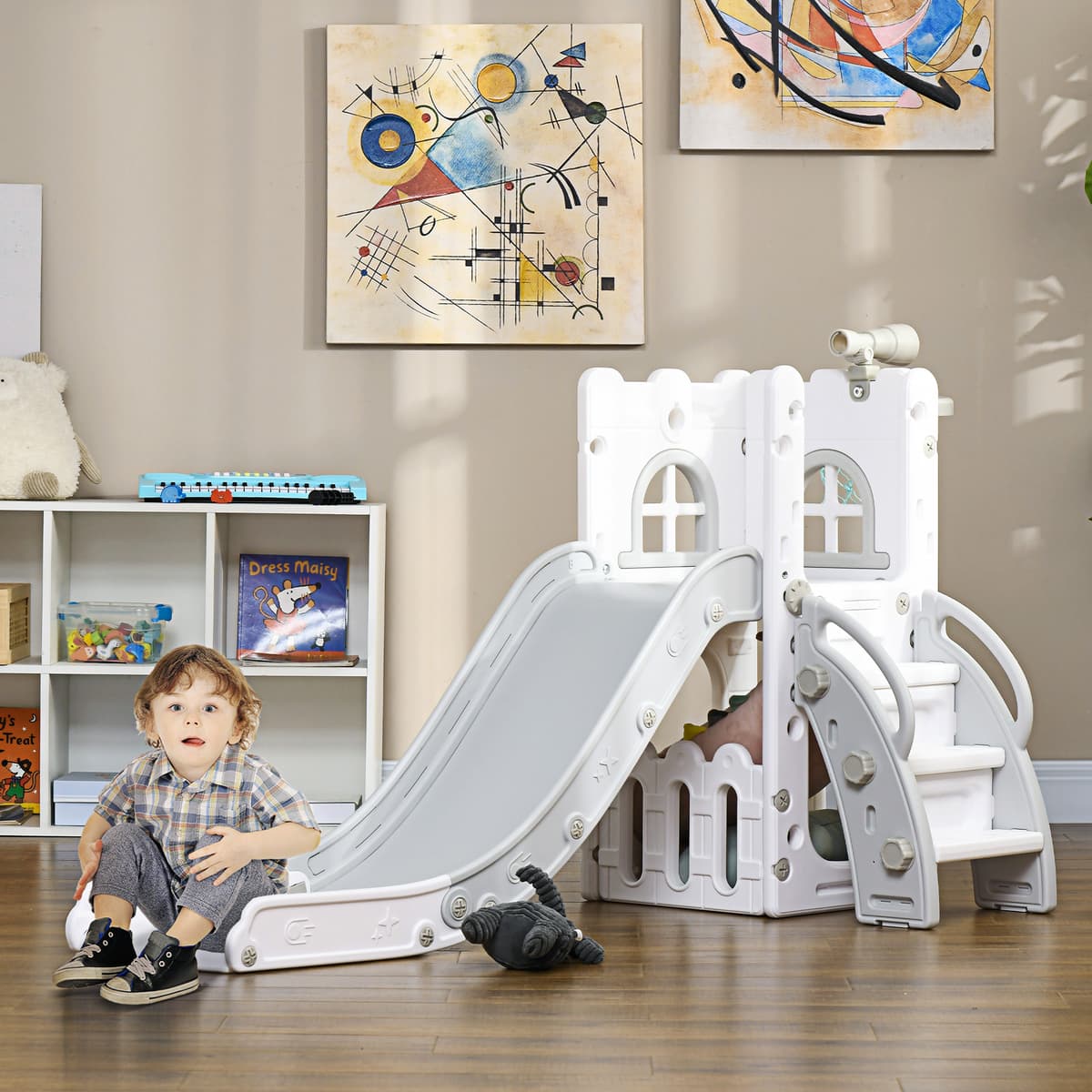 Aiyaplay Set Scivolo per Bambini 5 in 1 con Arrampicata, Basket, Pallone, Telescopio e Contenitore Età 1-3 Anni, Grigio   Aosom Italy