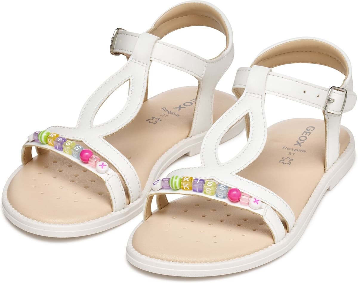Sandale GEOX "J SANDAL KARLY GIRL", Mädchen, Gr. 38, Synthetik, weiß, Lederimitat, Schuhe Sandale, Sandale mit Fersenriemen, Größenschablone zum Download