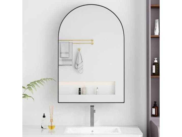 ROVRYN Armoire miroir arquée murale ou encastrable cadre métal noir 2 étagères en verre réglables