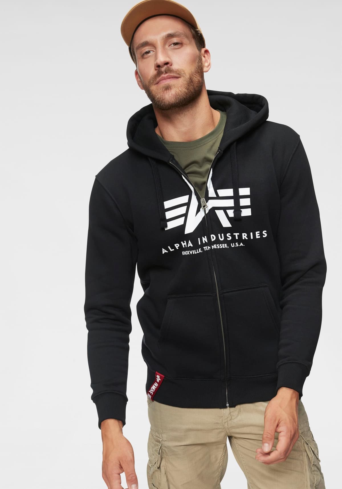 Kapuzensweatjacke ALPHA INDUSTRIES "BASIC ZIP HOODY", Herren, Gr. XL, schwarz, angeraute Sweatware, Obermaterial: 80% Baumwolle, 20% Polyester, bedruckt, normal normal, Rundhals, eingesetzt Rippbündchen, Sweatjacken Kapuzensweatjacke, Baumwollmischung, re
