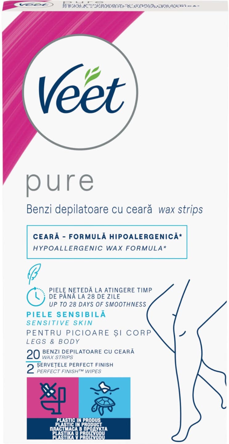 Veet Pure - benzi depilatoare picioare și corp - pentru piele sensibilă (20 buc)