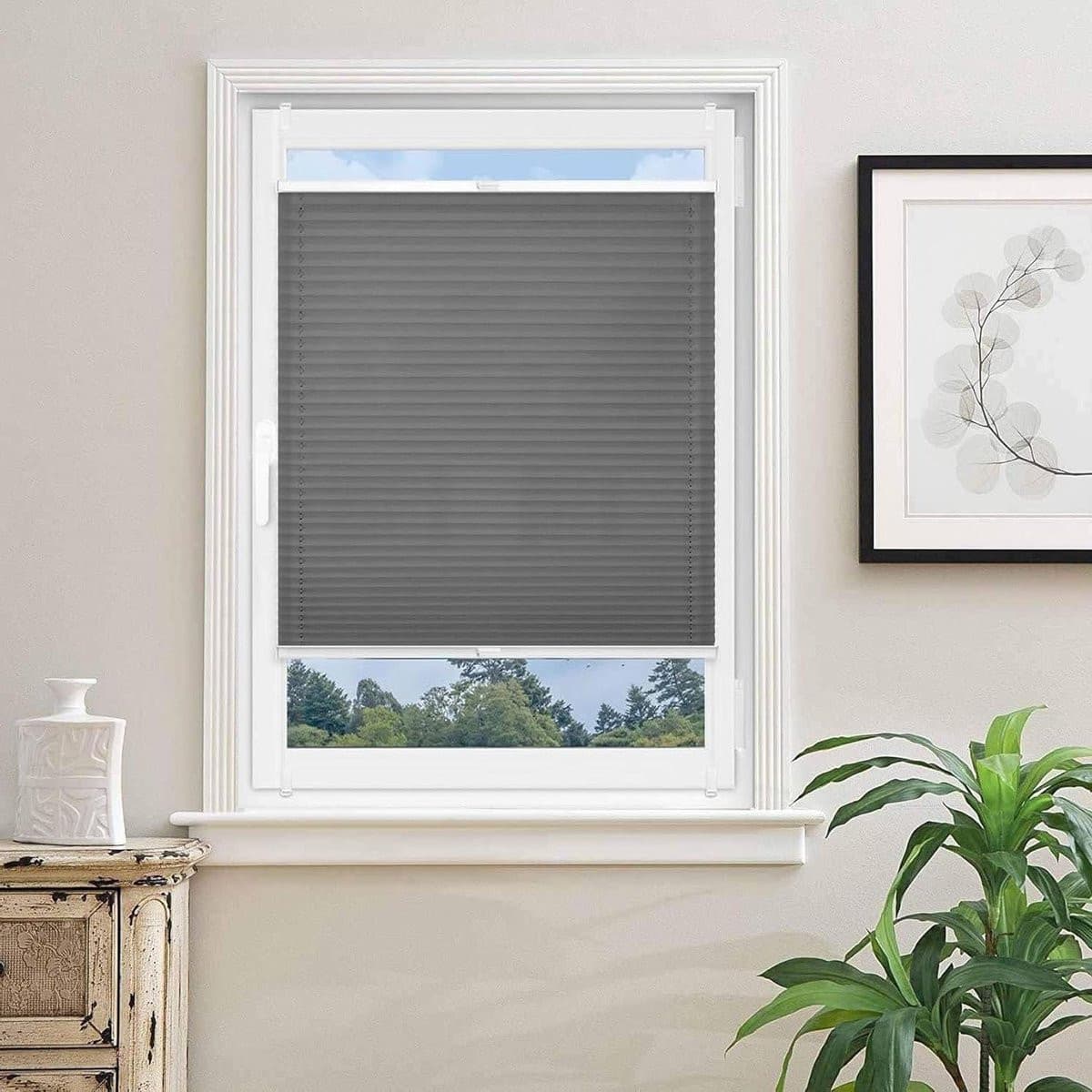 Donkergrijs vouwrolgordijn met klemdrager voor privacy en snelle montage zonder boren - 85 x 90 cm