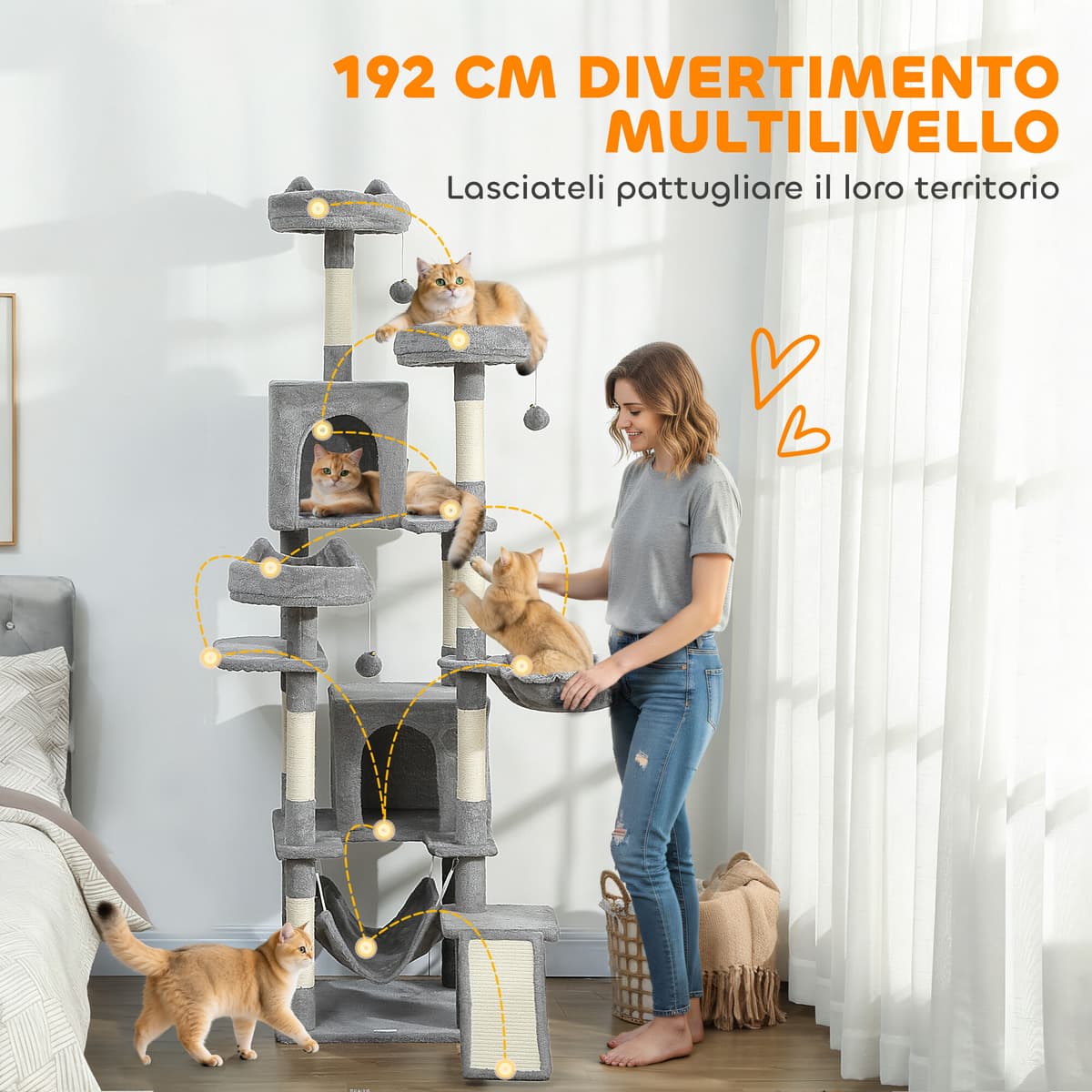 Altro Albero Tiragraffi Per Gatti Con Scala, 2 Amache, 3 Posatoi, 2 Casette E 3 Piattaforme, 48x48x192 Cm, Grigio E Crema