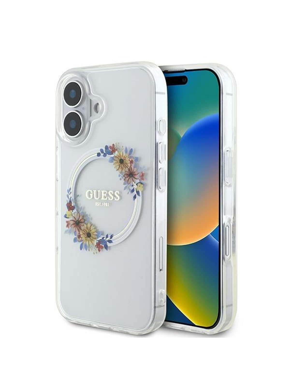 GUESS IML Flowers Wreath MagSafe Case for iPhone 16 Plus - Clear