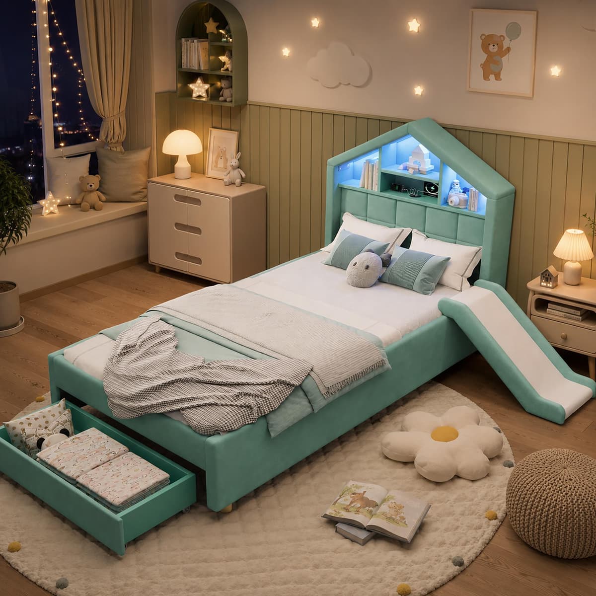 STILVORA Kinderbett 90x200 cm mit Matratze Bettgestell mit Rutsche und LED-Beleuchtung, Hausbett mit Ladeanschluss und Kopfteil-Regal, Polsterbett mit großem Bettkasten