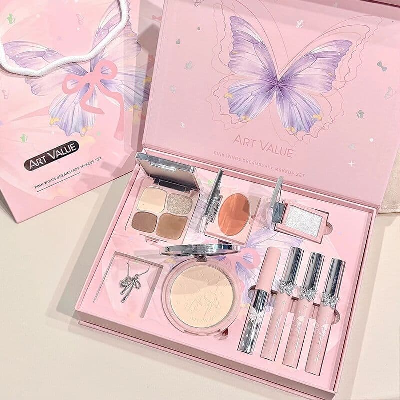 ART VALUE Makeup Sets Include 3 Lip Mud,1 Blush,1 Eyebrow Tint,1 Eyeshadow Palette,1 Pressed Powder,1 Highlighter With Necklace