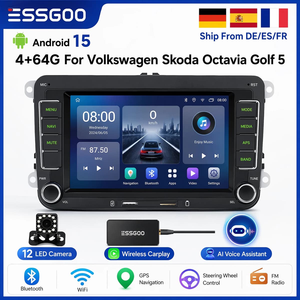 ESSGOO Android 15 Wireless CarPlay 4G 64G For Volkswagen Passat b6 b7 golf 5 6 Polo Jetta Skoda Car Radio Multimedia Player GPS WiFi RDS Carplay