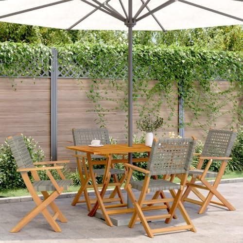 4 STK. klappbare Gartenstühle aus Poly Rattan und massivem Akazienholz mit Armlehnen für Terrasse und Balkon