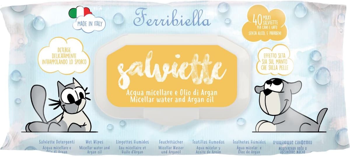 Ferribiella 1 CONFEZIONE da 40 pz Salviette Detergenti per Cani e Gatti con Acqua Micellare e Olio di Argan Biologico