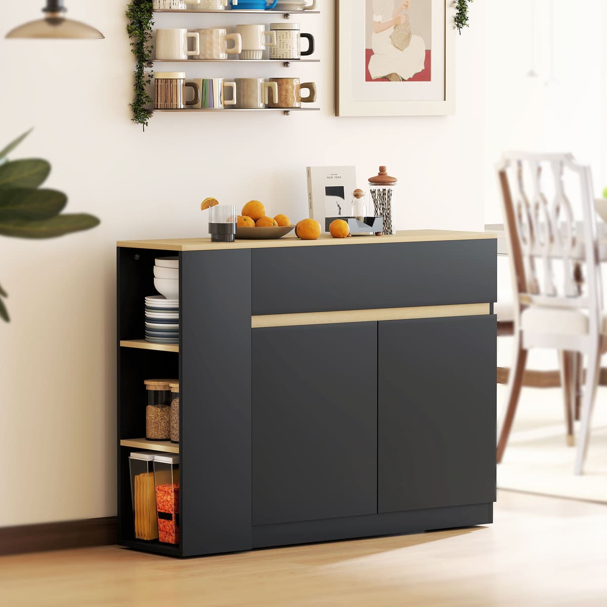 Homcom Credenza Moderno da cucina con 2 cassetti, Mobile basso con 3 scaffali aperti e 2 ante, per soggiorno, sala e Ingresso, Nero   Aosom Italy