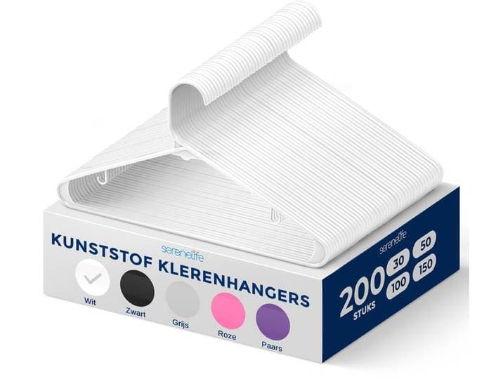 SereneLife Kleerhanger - Plastic Hangers - Antislip Ruimtebesparende Kledinghangers - 200 Stuks - Duurzaam en Sterk voor Hemden\, Truien\, Hoodies\, Kinderkleding en Jurken - Lichtgewicht - Wit