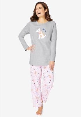 Plus Size Women's Long Sleeve Knit PJ Set by Dreams & Co. in Heather Grey Spring Dog (Size 38/40) Pajamas