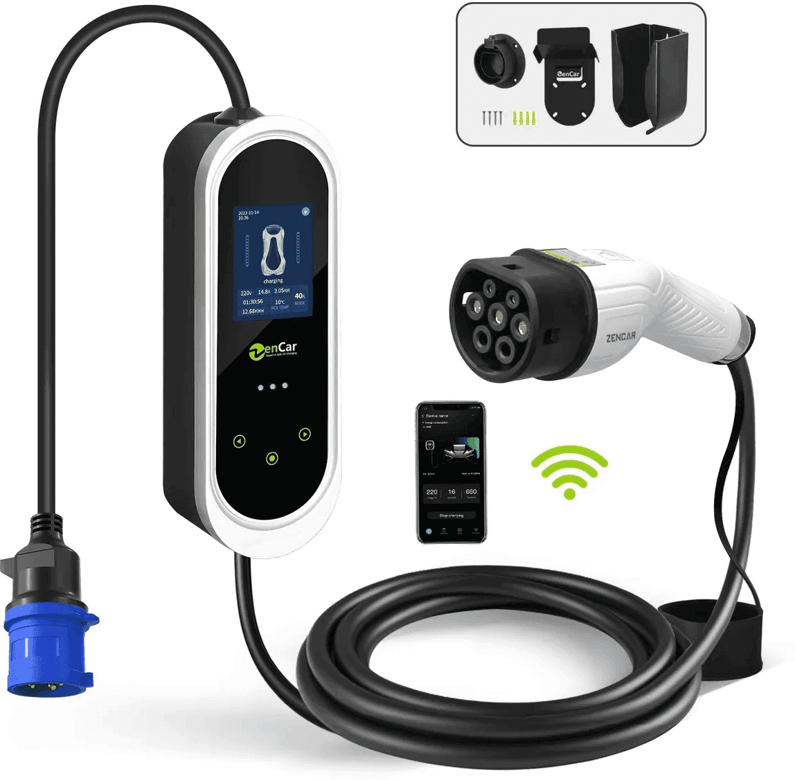 Ladekabel Elbil - For Blå Industrikontakt Til Type 2 Bil - 32a 1-Fas - 7,4kw - App - Wifi & Bluetooth (5 Meter)