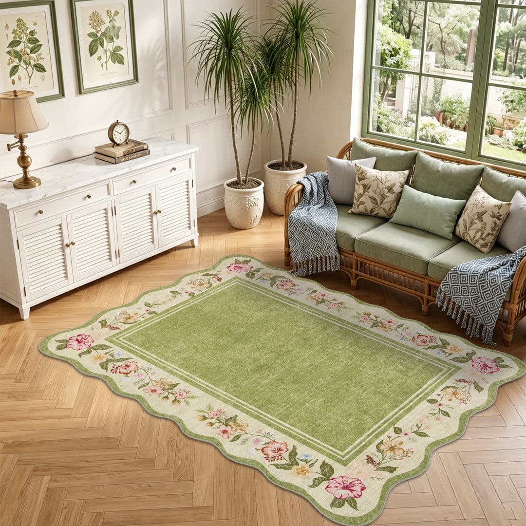 Brambly Cottage Floral Scalloped Area Rug , Vintage Green Rugs for Living Room Green;Ivory 120*170cm