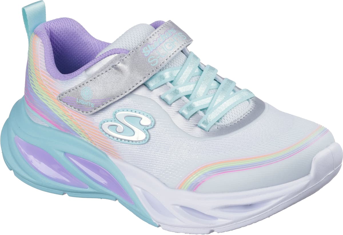 Sneaker SKECHERS "COSMIC GLOW LIGHTS", Mädchen, Gr. 33, bunt (silberfarben), Lederimitat, Textil, Mesh, leicht glänzend, Schuhe Sneaker, Sportschuh mit Klett, Größenschablone zum Download
