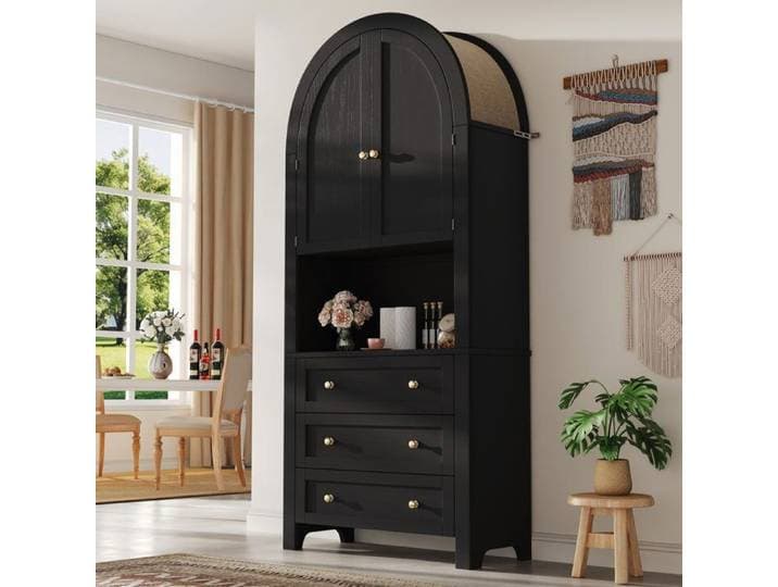 Buffet Haute Arche 70 x 35 x 180 cm avec 3 Tiroirs et Portes Courbées Meuble de Rangement Buffet haut Noir