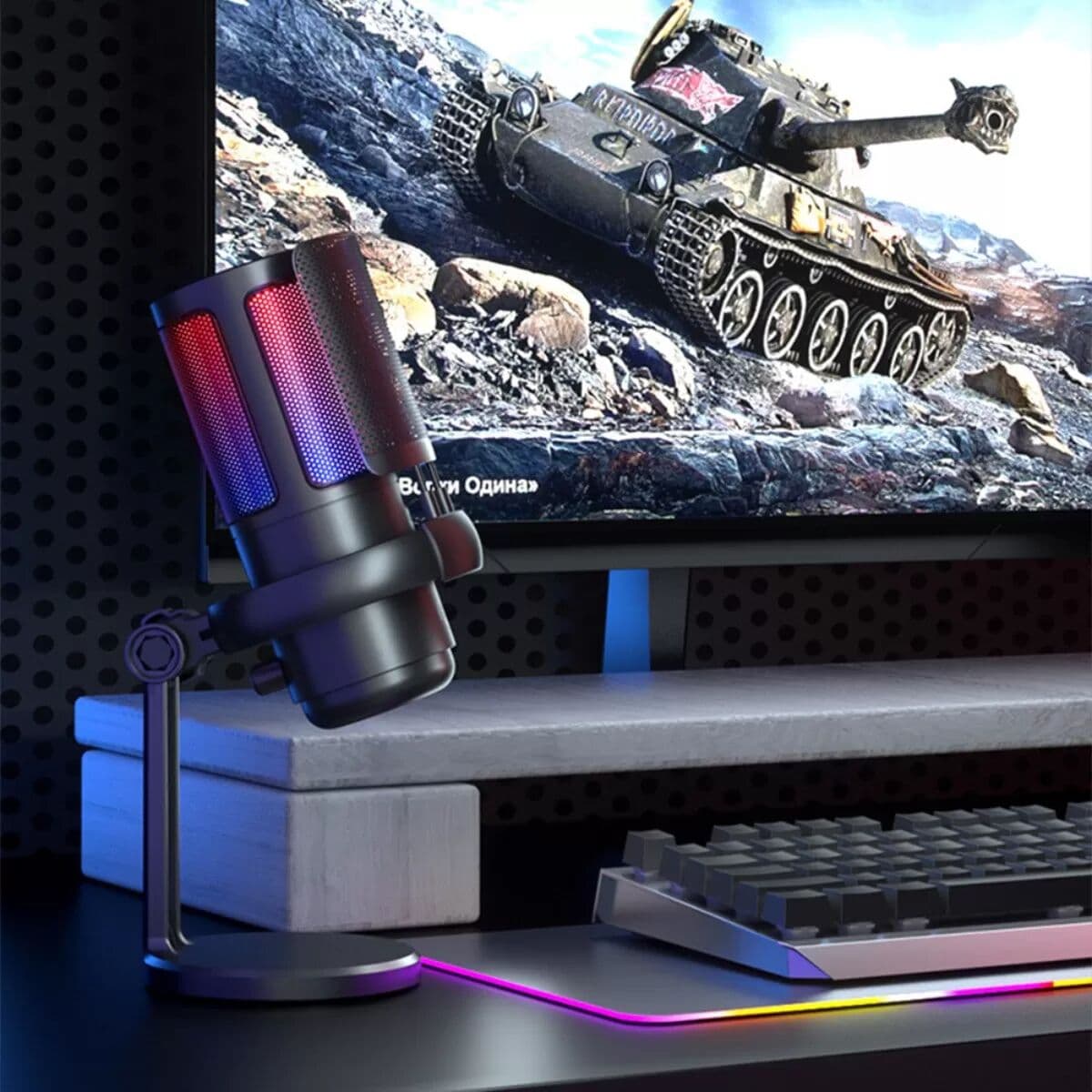 INF Microphone USB à condensateur pour gaming compatible avec éclairage RGB, monitoring zéro-latence et prise casque 3.5mm - Le noir
