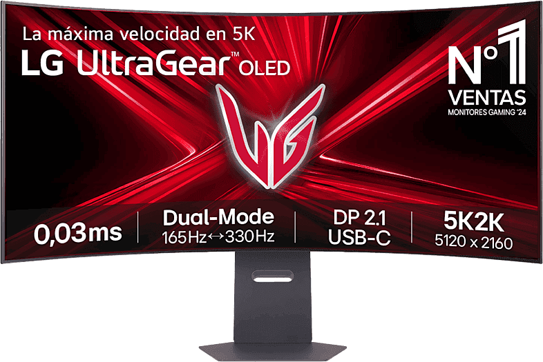 Monitor gaming - LG UltraGear™ 45GX950A-B, 45" 5K2K, Dual Mode (165/330Hz), 0.03 ms, OLED, VA curvo 800R, Altavoces integrados, Morado grisáceo