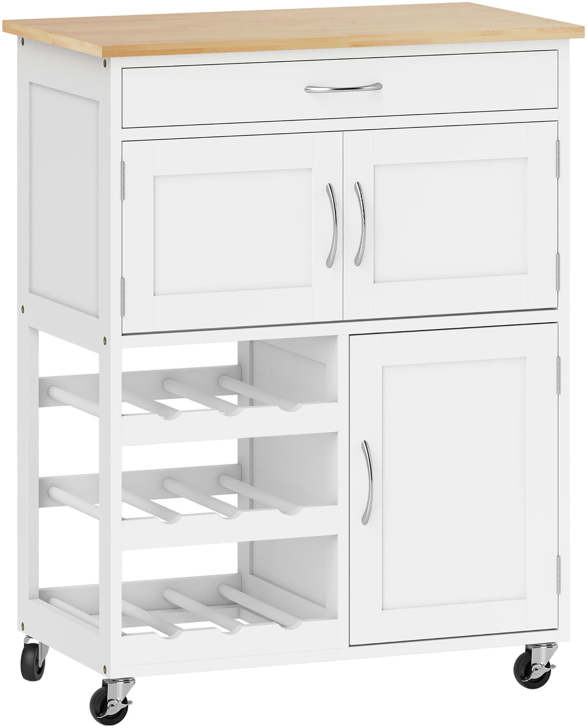 Altro Carrello Cucina Con Portabottiglie, 3 Ante, 4 Ruote E Cassetto, Mobiletto Cucina Salvaspazio Per Microonde E Spezie In Legno, 67x37x87 Cm, Bianco E R