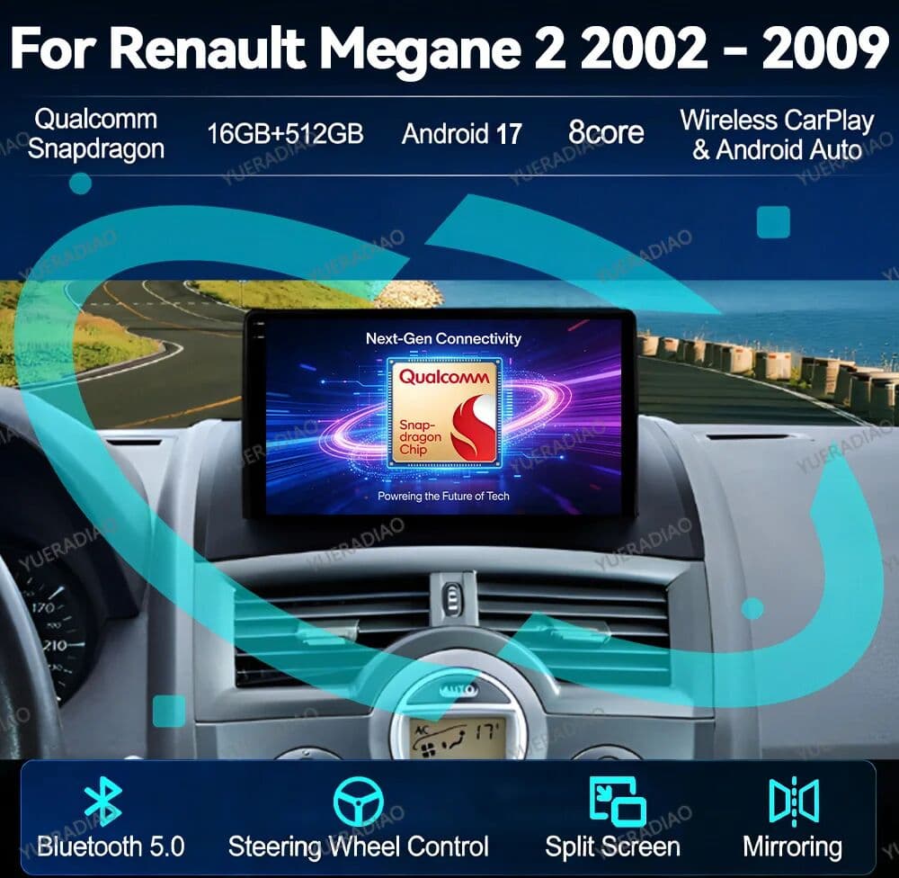 RNABAU Android 17 Car Radio For Renault Megane 2 2002 - 2009 Multimedia Stereo Video Player Wireless Carplay Auto Head Unit WIFI GPS 4G