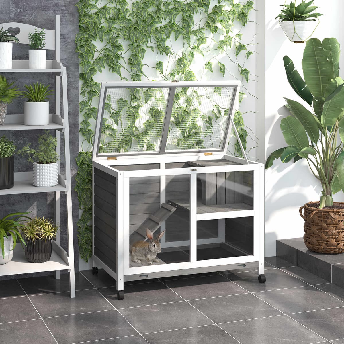 Pawhut Conigliera da interno in Legno a 2 Livelli con Ruote e Scala, Gabbia per Conigli e Porcellini, 91.5 x 53.3 x 73cm Grigio Aosom