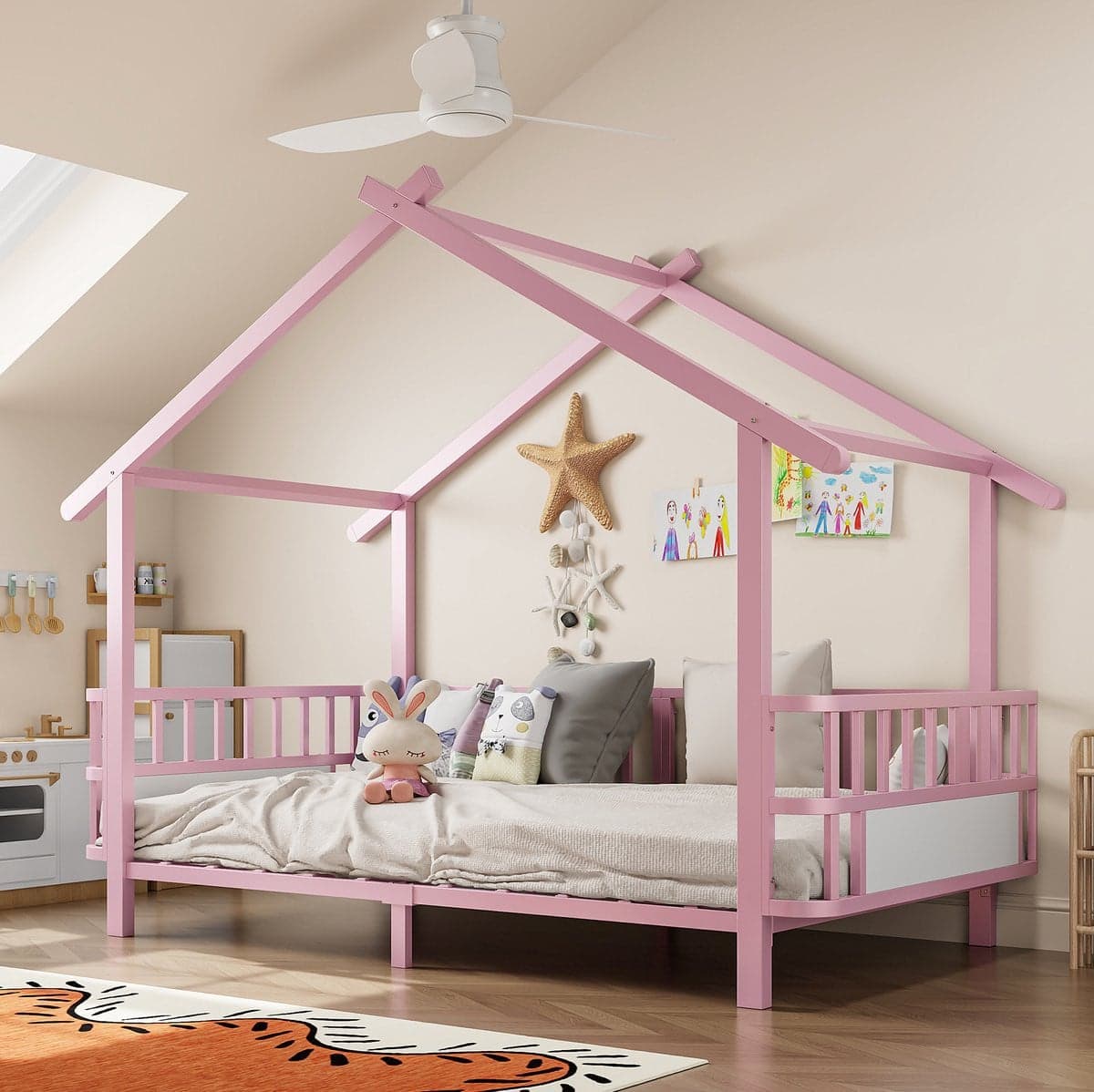 FloraGrace Kinderbed Huisvormig met Veiligheidshekje en Open Dakframe - Roze - 90 x 200 cm