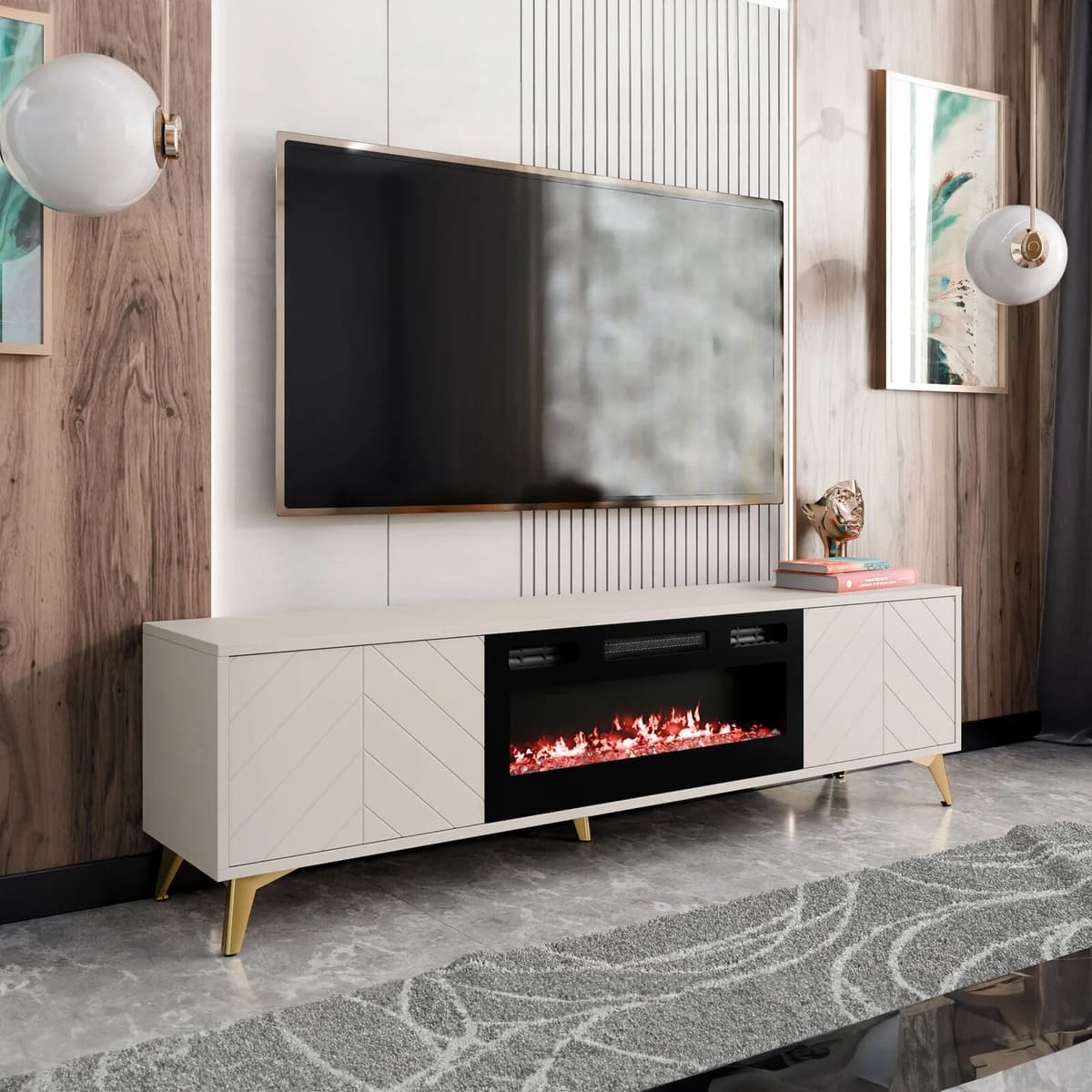 garneroarredamenti Mobile porta TV 184x53h cm 2 ante con caminetto elettrico frontali serigrafati beige nero Miriam