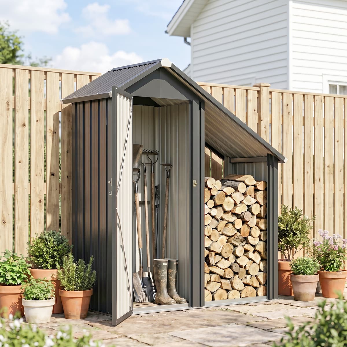Outsunny Portalegna da Esterno con Armadietto Porta Attrezzi, 0.77 m², 150x66x162 cm, in Acciaio Zincato, Grigio Scuro   Aosom Italy