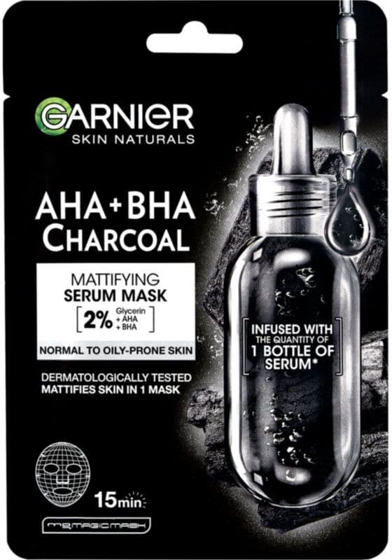 Garnier Textil Masks AHA+BHA Charcoal maska nawilżająca w płacie z aktywnym węglem 28 g