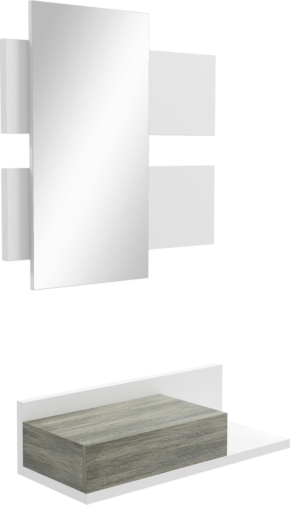 Altro Mobile Da Ingresso 2 In 1 Con Specchio Da Parete 75x3.5x75 Cm E Cassetto 75x30.5x20 Cm, Grigio E Bianco