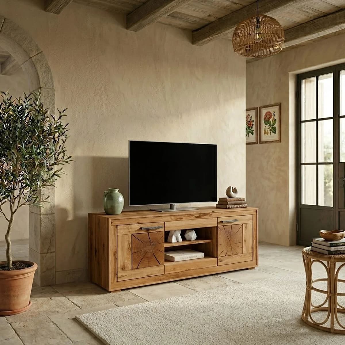 garneroarredamenti Mobile porta TV credenza 150x62h cm 2 ante 2 ripiani a vista legno massello rovere Ebania