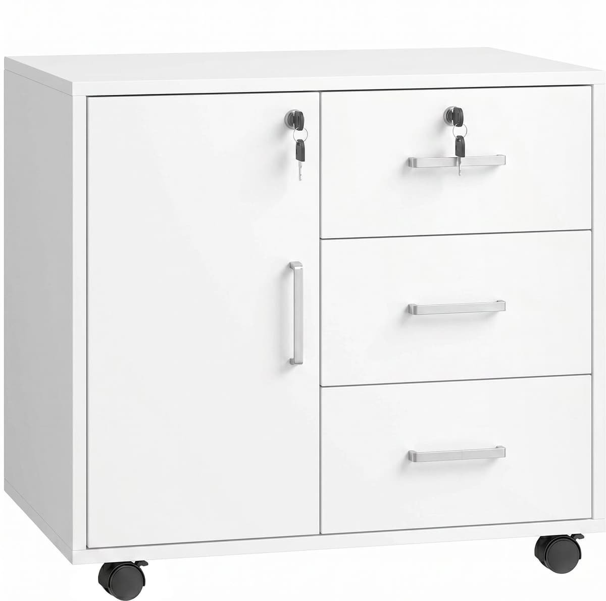 Altro Schedario Per Ufficio Con 3 Cassetti E Armadietto Con 3 Ripiani Regolabili, In Legno, 60x40x56 Cm, Bianco