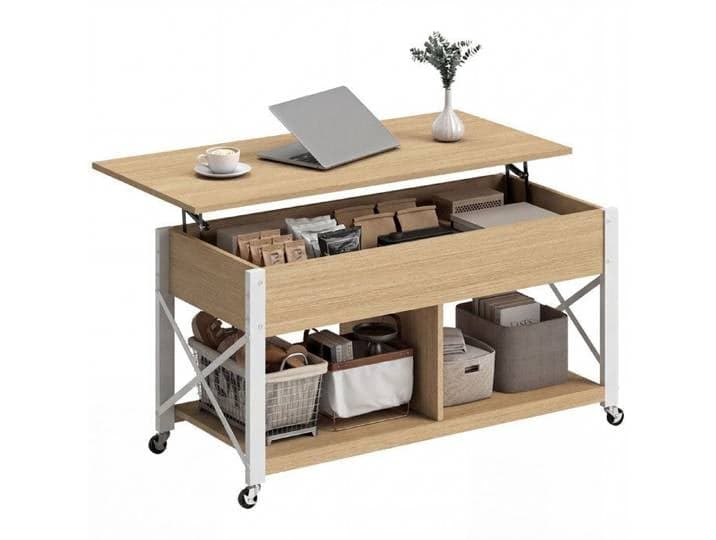 Table basse relevable à roulettes table de salon avec compartiment caché étagères ouvertes bois naturel et blanc
