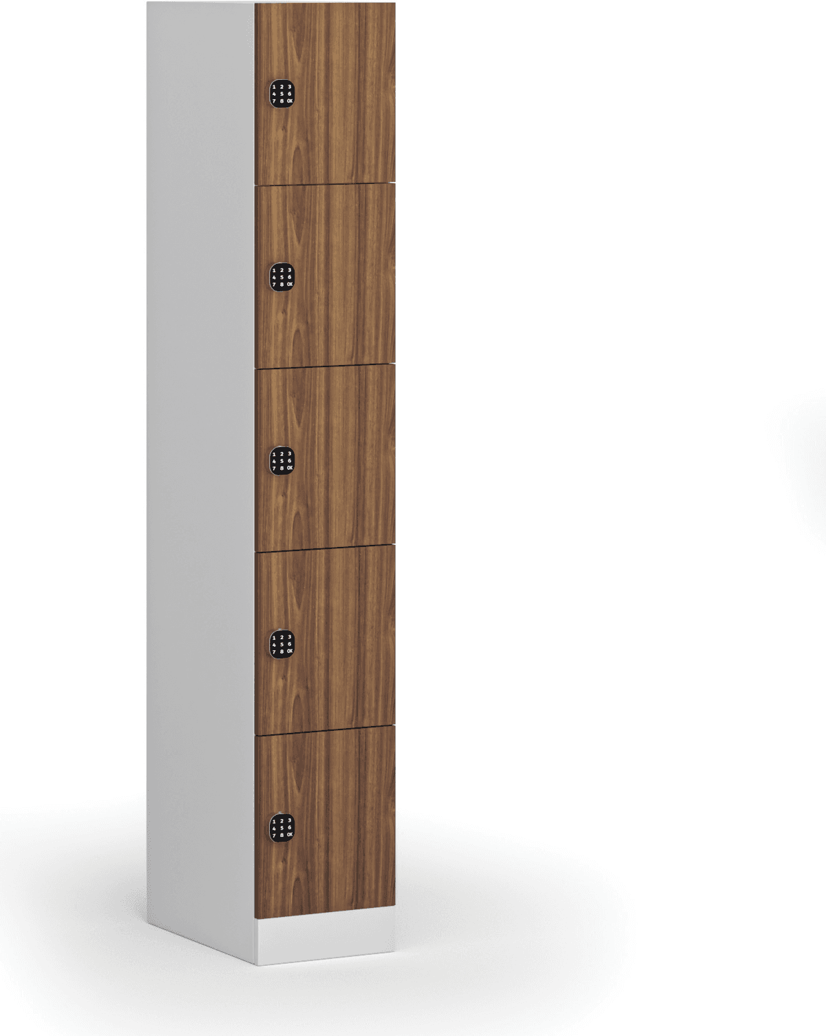 B2B Partner Šatníková skrinka S1 s úložnými boxmi, 5 boxov, 1850 x 300 x 500 mm, kódový zámok, laminované dvere, orech