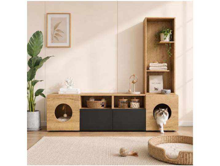 MEUVYX Meuble TV avec Espace Chat Rangements Ouverts et Fermés Étagère Haute Noir et Bois 185 × 40 × 162 cm