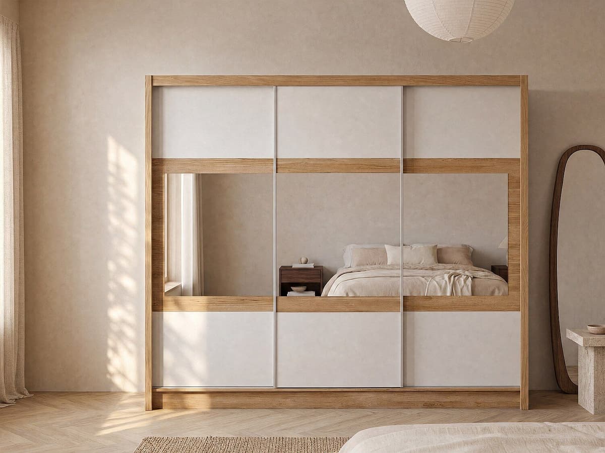Unique Szafa z 3 drzwiami przesuwnymi - Z lustrem - Dł.250 cm - Kolor: Naturalny i biały - LEOVIA
