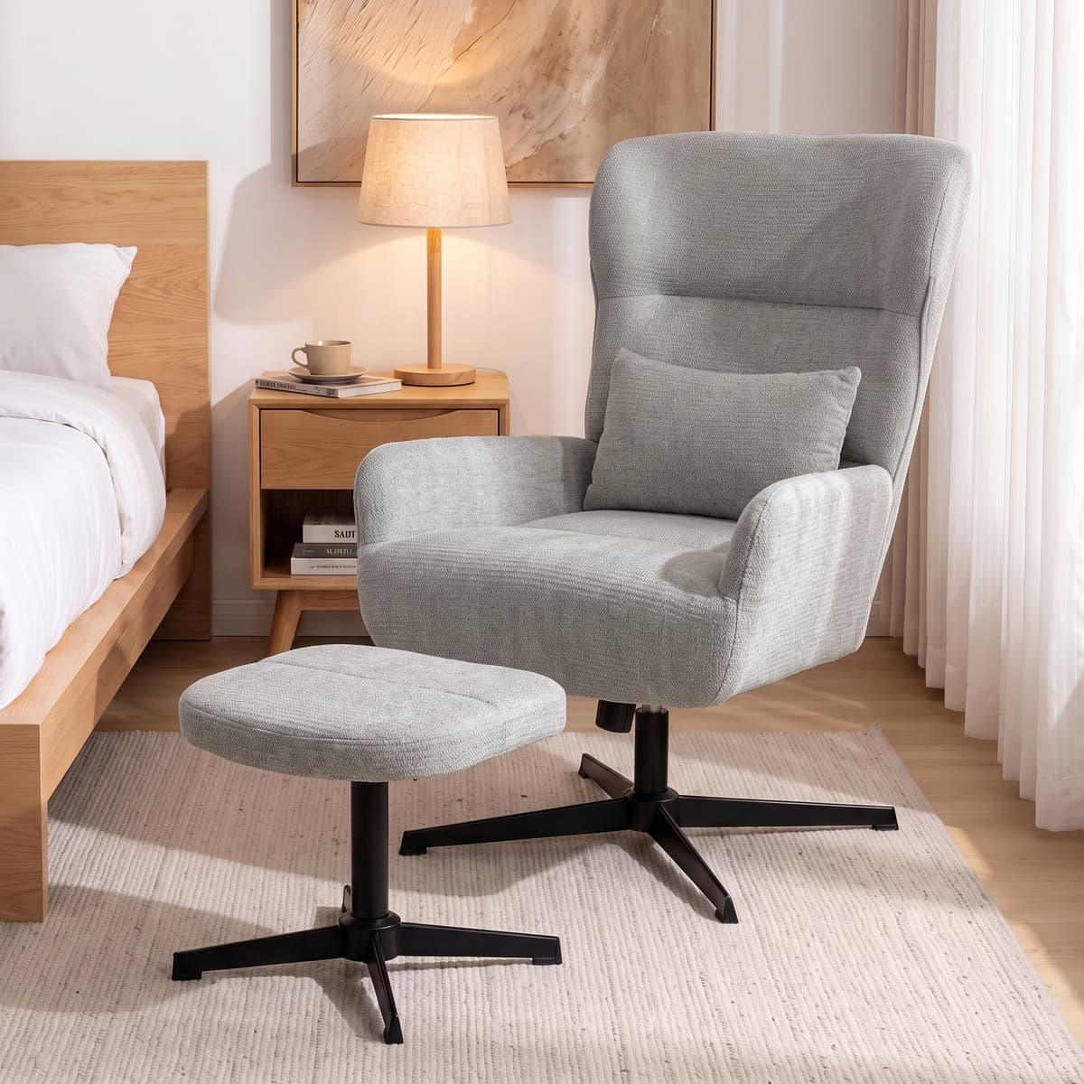 Homcom Poltrona lounge girevole 360° con pouf e altezza regolabile, bianco crema   Aosom Italy