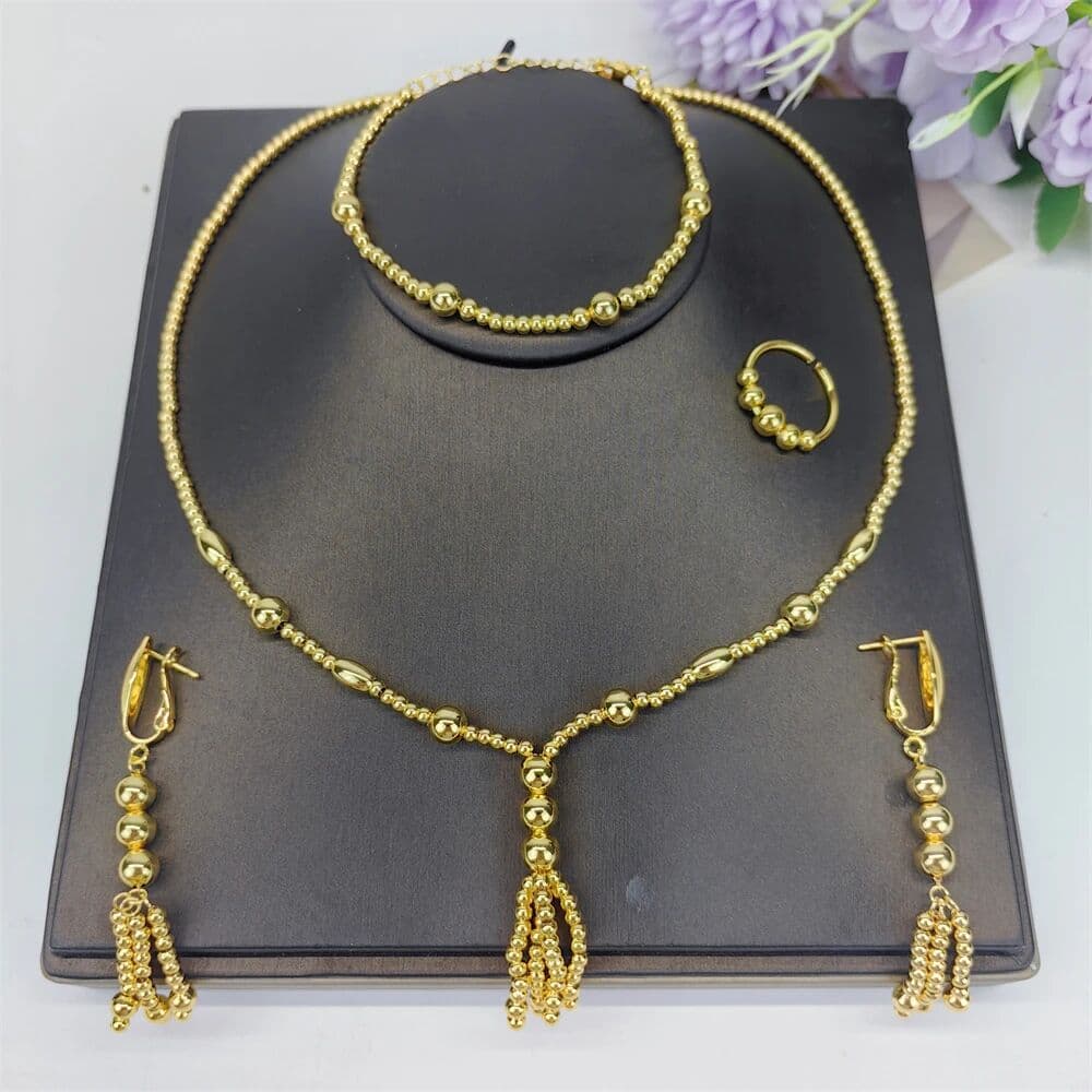 NONE Gold Plated Jewelry Set for Women Golden Choker Collar Necklace Drop Earrings Bracelet Jewellery African Party Wedding Gifts