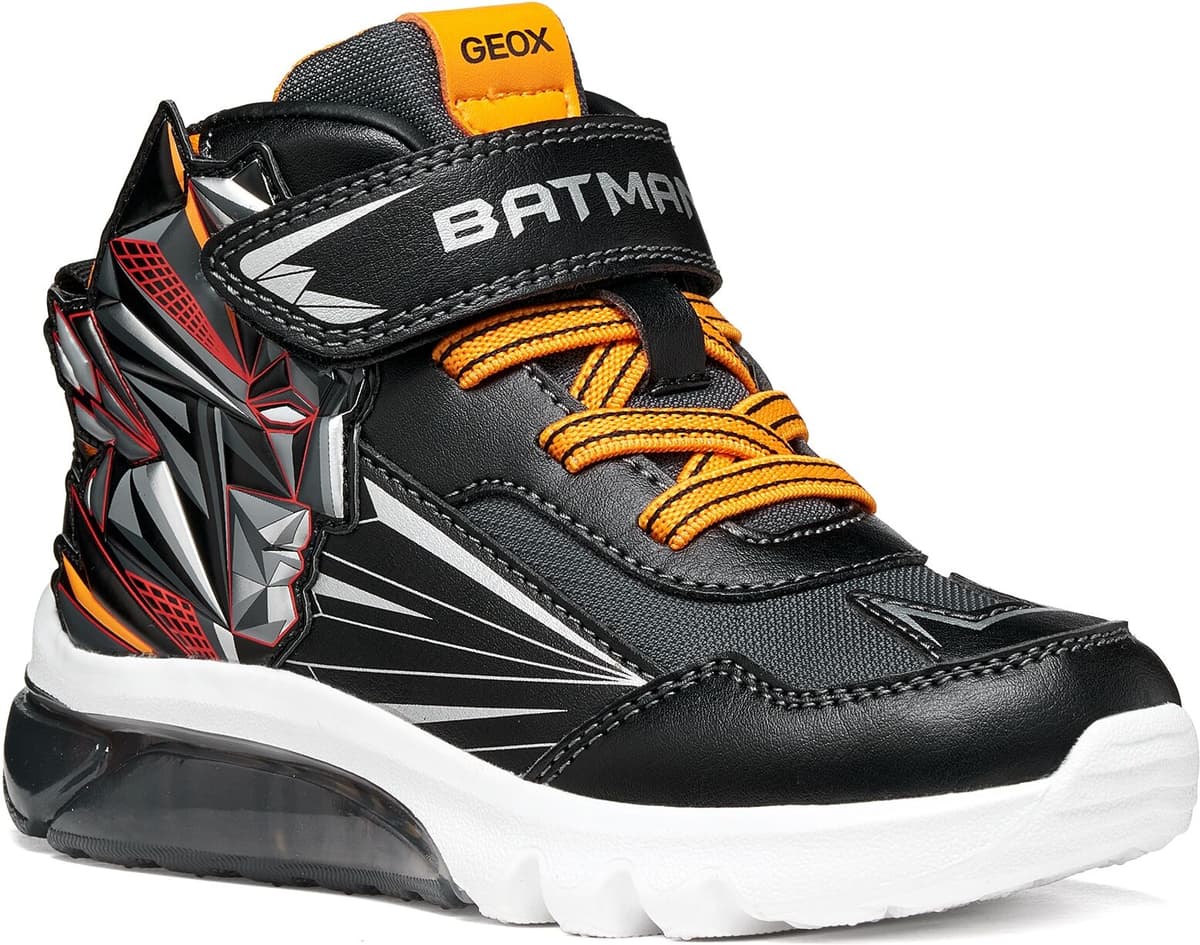 Sneaker GEOX "J CIBERDRON BOY - Blinkschuh", Jungen, Gr. 25, Synthetik Textil, schwarz (schwarz, orange), Lederimitat, Textil, Schuhe Sneaker, Blinky Klettboots mit BATMAN-Motiv, Größenschablone zum Download