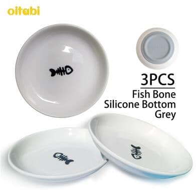 Inspired Living Oitabi Ceramic No Spill Cat Bowls Set Wide Shallow Cat Food Bowl Trio For Whisker Friendly Feeding grey Fish Bone 3pcs