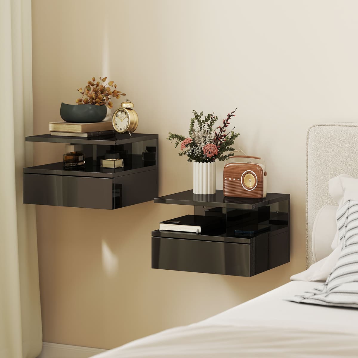 Homcom Set da 2 Comodini Moderni Sospesi con Cassetto e Mensola in Legno 35x32x22.5cm, Nero Lucido