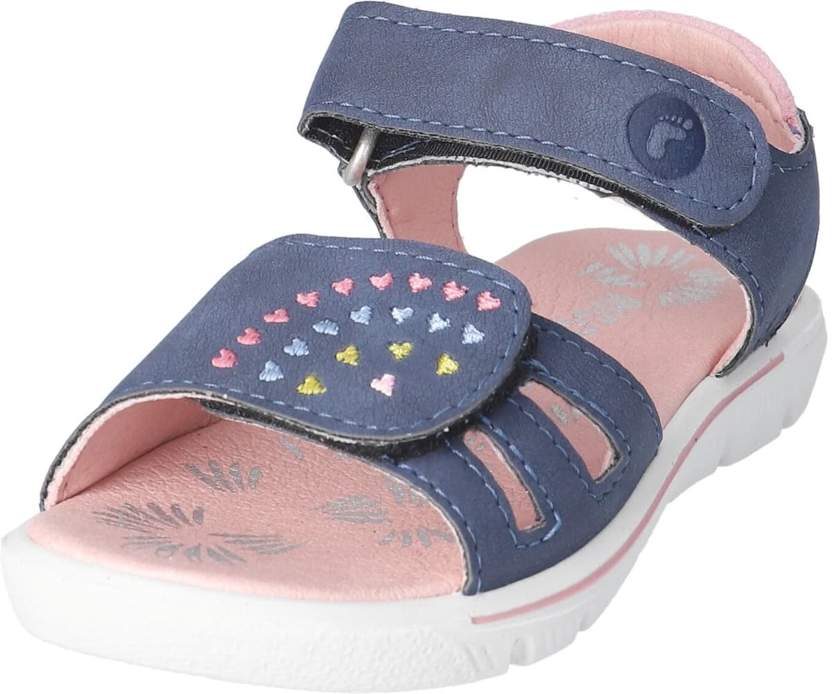 Sandale RICOSTA "Sarah", Mädchen, Gr. 27, Textil, blau (nautic), Lederimitat, bestickt, Schuhe Sandale, Sommerschuh mit Stickerei, Grössenschablone zum Download nautic 27, Textil