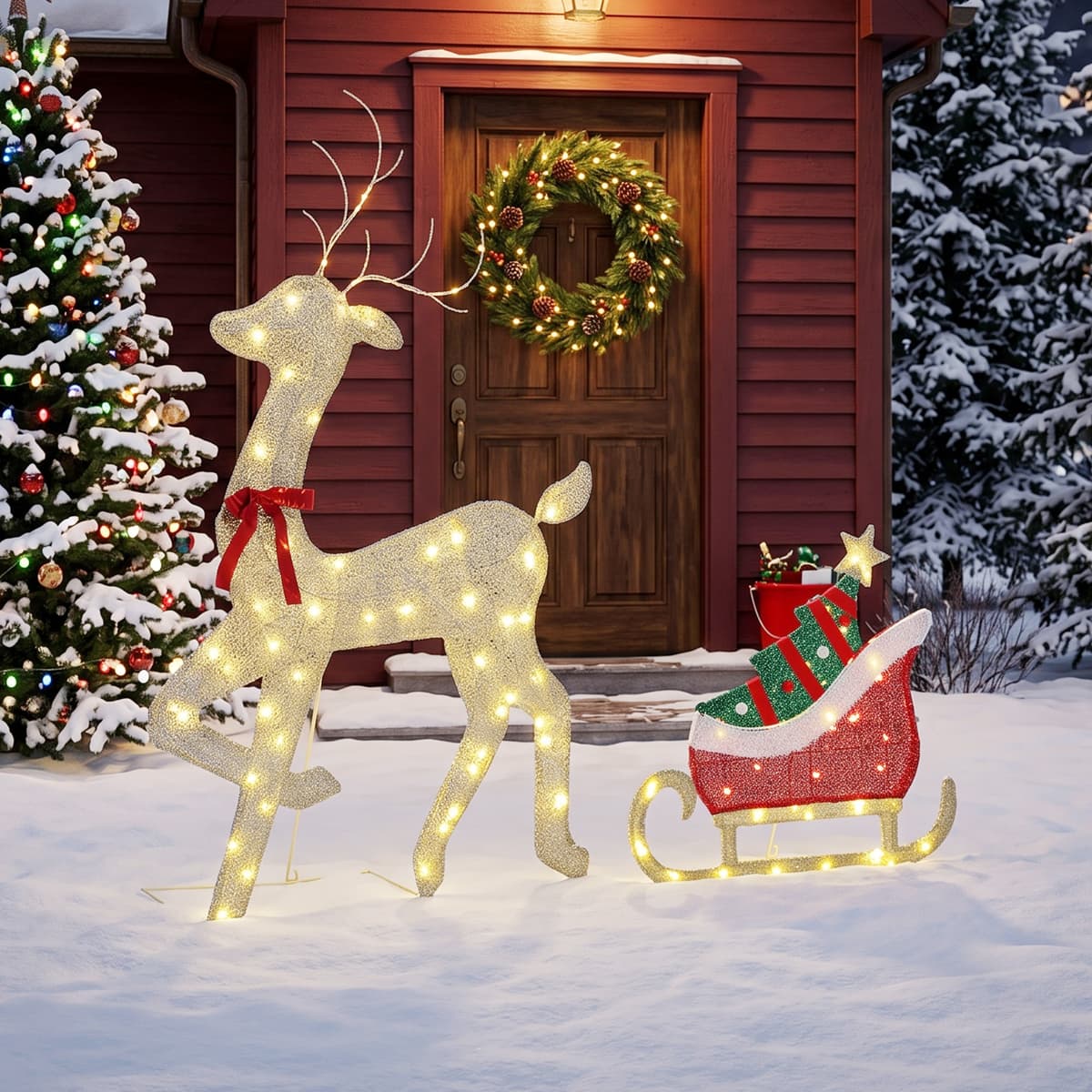 Outsunny Renna Natalizia Illuminata con Slitta con 95 LED Bianco Caldo, 8 Modalità di Illuminazione e Timer, Oro   Aosom Italy