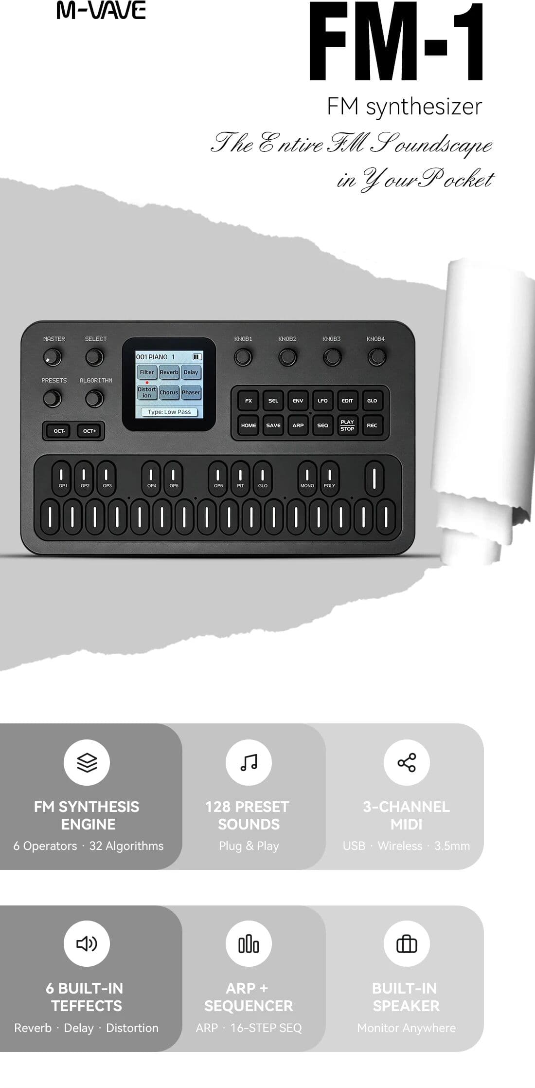 M-VAVE FM-1 (SK15) Black FM Synthesizer – 6-Operator Engine, 128 Sounds, Arpeggiator, Sequencer, Effects, USB/Bluetooth MIDI