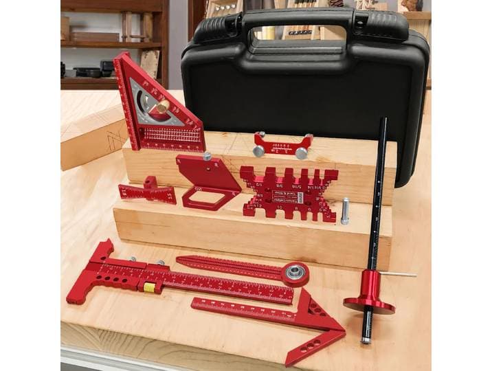 Kit carré pour le travail du bois, avec boîte, règle de traçage en aluminium, détecteur central, boussole de dessin circulaire, Guide d'histoire, jauge de hauteur, 10 pièces