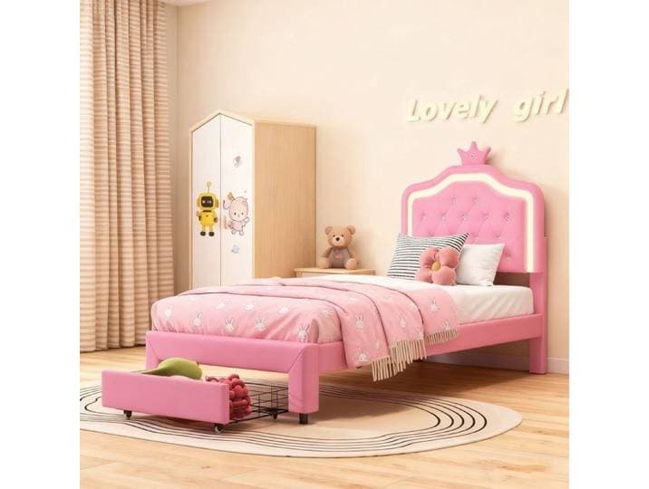 Lit princesse 90x200 Lit enfant 90x200cm avec tiroir cadre de lit avec LED lit de princesse en forme de couronne PU rose