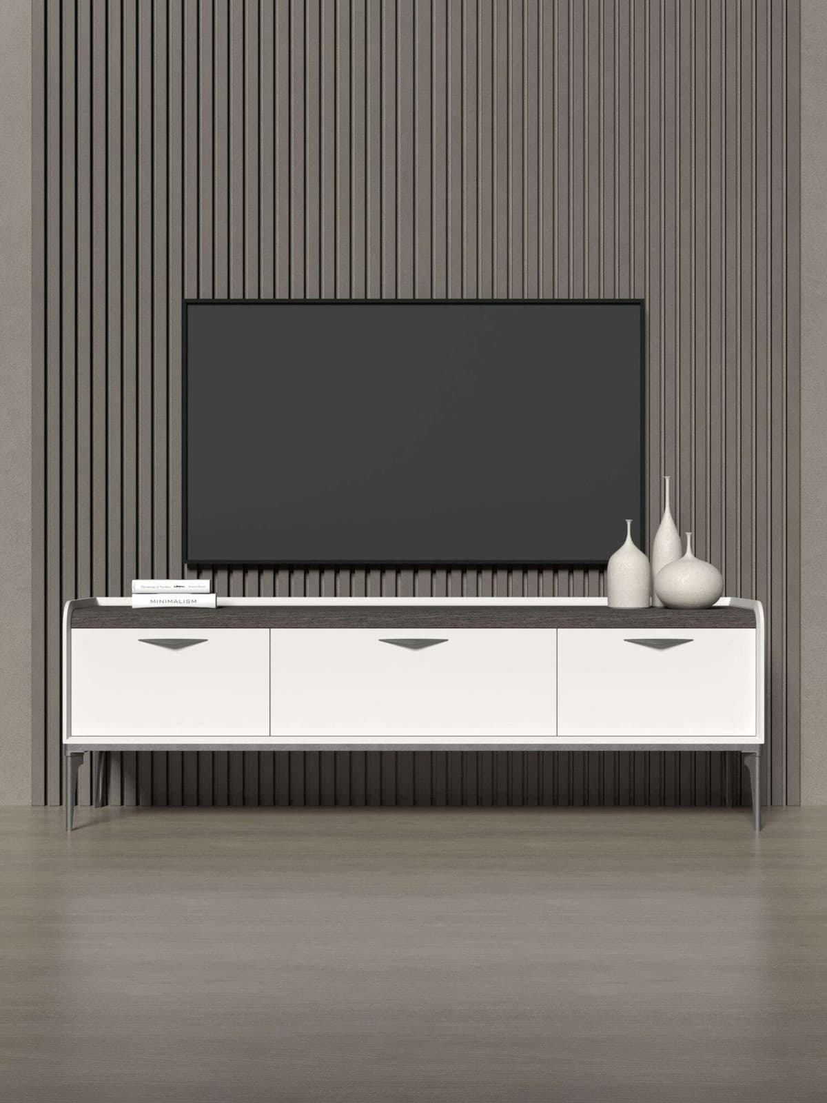 Lowboard GOODPRODUCT "Sofy TV-Lowboard, TV-Kommode, TV-Schrank, TV-Unterschrank, TV-Möbel", pepper weiß, eiche melinga grau, B:197cm H:66cm T:50cm, Holzwerkstoff, MDF, Sideboards, Lowboard, UV lackiert, Soft Close Funktion, Metallgestell in Anthrazit Deko
