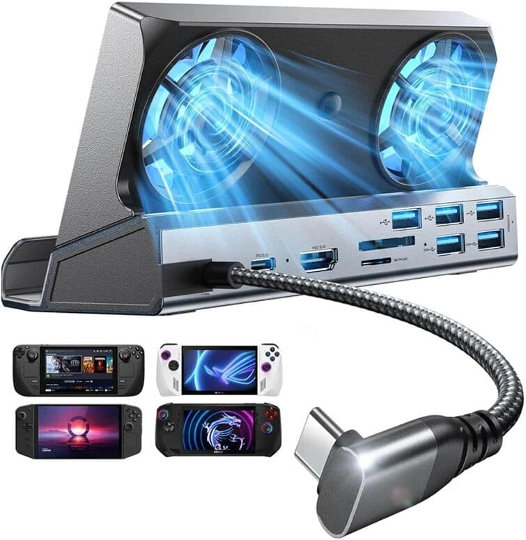 OUZEY 13-in-1 Docking Station for Steam Deck OLED&ROG Ally&Legion Go, Dual Cooling Fan 5 USB Ports and 100W Charging Port for ROG Ally