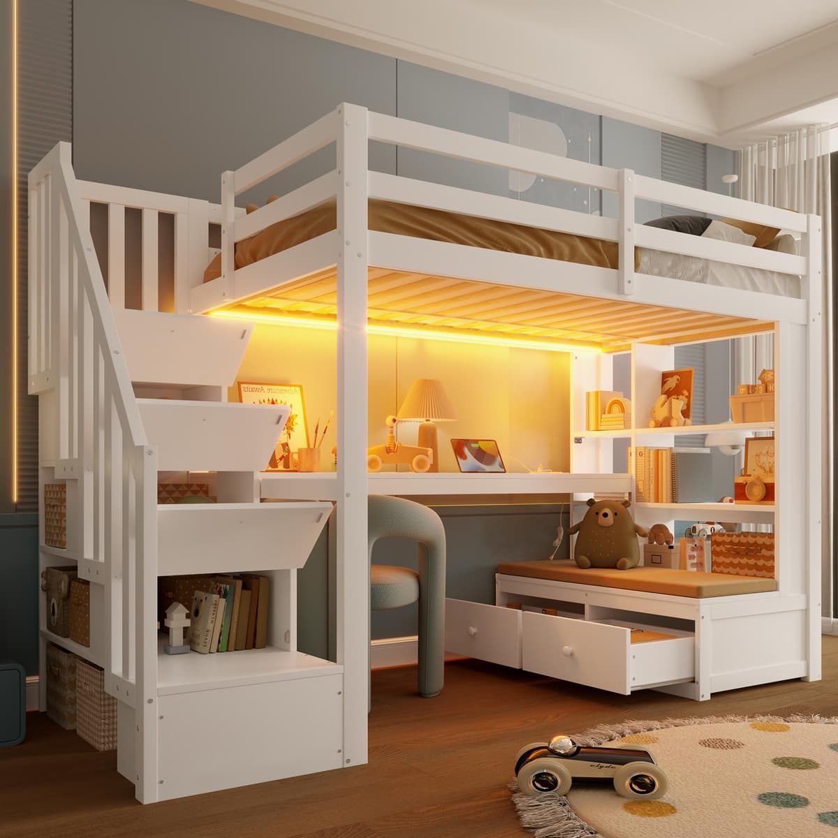 Hochbett 90x200 cm mit Schreibtisch, Regalen, 2 Schubladen, Stauraumtreppe und LED-Beleuchtung, MDF und Kiefer, Weiß